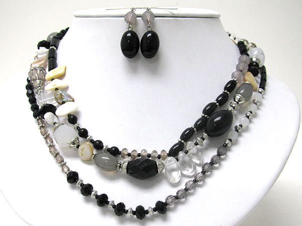 Genuine stone and multi material bead link 3 line necklace earring set