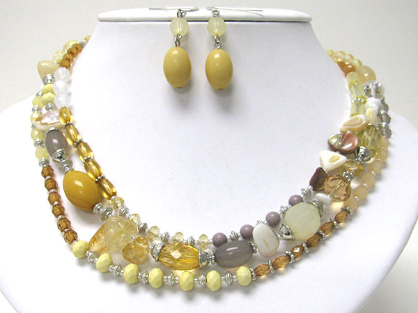 Genuine stone and multi material bead link 3 line necklace earring set