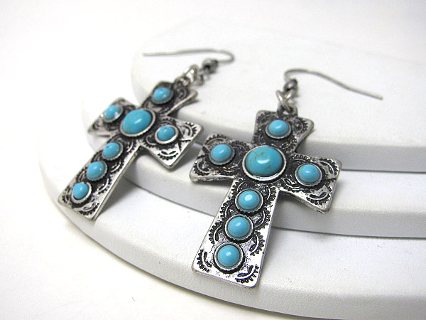 Turquoise deco metal cross earring