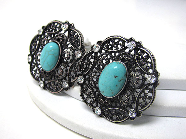 Turquoise center and crystal deco filigree earring