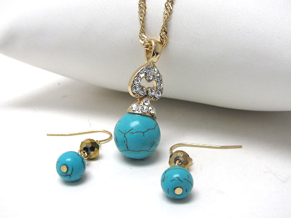 Turquoise ball and crystal top deco necklace earring set