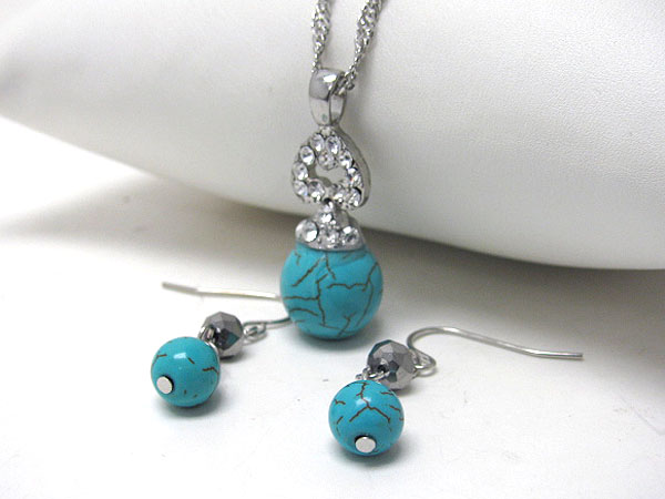 Turquoise ball and crystal top deco necklace earring set