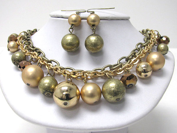 Multi meatl ball and twisted chain necklace earring set