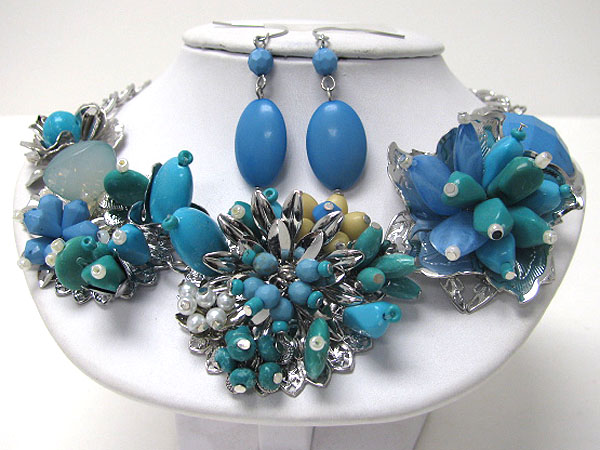 Multi material flower art deco necklace earring set - chunky style