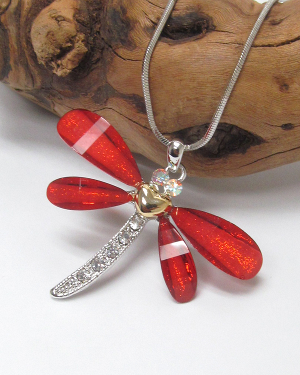 Made in korea whitegold plating glass dragonfly pendant necklace