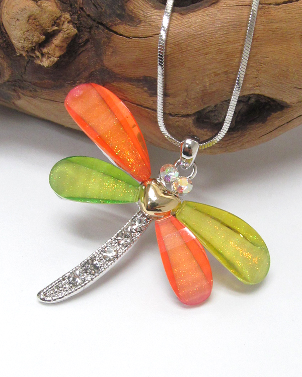 Made in korea whitegold plating glass dragonfly pendant necklace