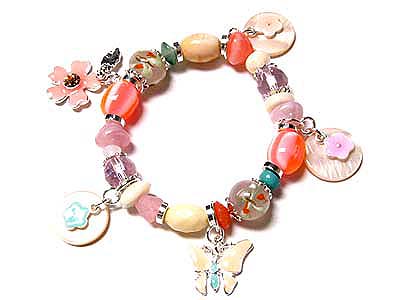 Genuine stone bead stretch and flower charm on shell bracelet