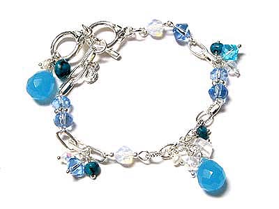 Facet semi precious stone dangle toggle bracelet