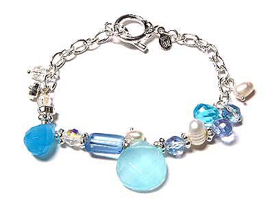 Facet semi precious stone dangle toggle bracelet