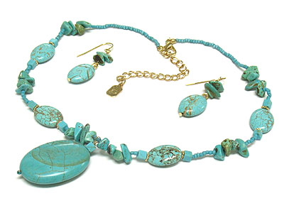 Multi turquoise stone seed bead necklace and earring set