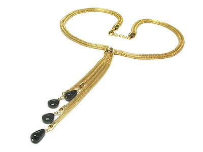 Four dangles with acryl beads and long double mesh chain necklace 