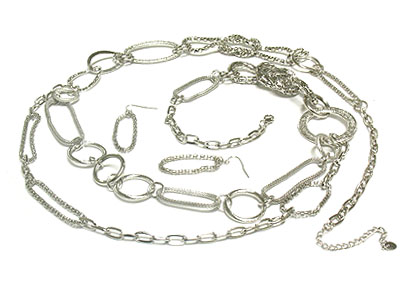 Double line metal mesh chain and round disk link long necklace 