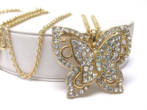 Crystal stud butterfly pendant long necklace