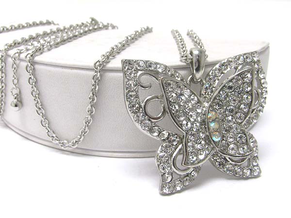 Crystal stud butterfly pendant long necklace