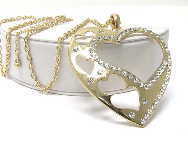 Crystal stud cut out large heart pendant long necklace