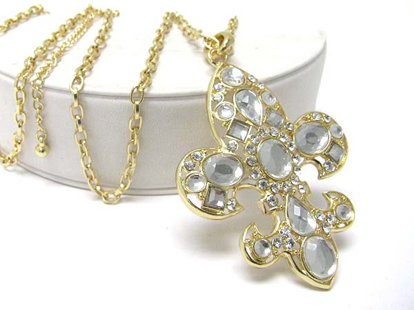 Crystal stud fleur de lis pendant long necklace