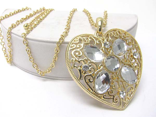 Crystal stud large heart pendant long necklace