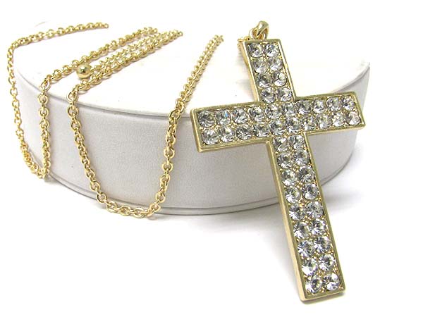 Crystal stud large cross pendant long necklace