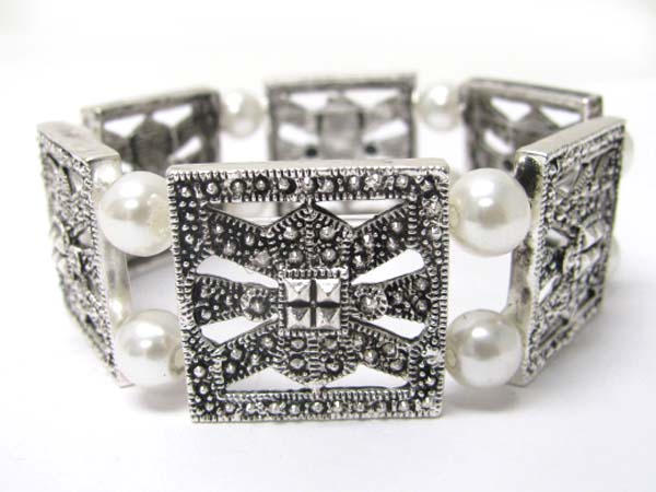 Marcasite look metal casting and beads stretch bracelet