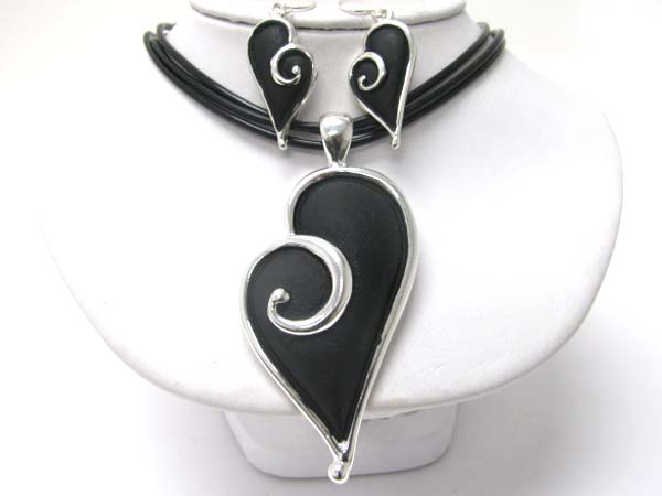 Enameled metal swirl heart pendant cord neckalce earring set