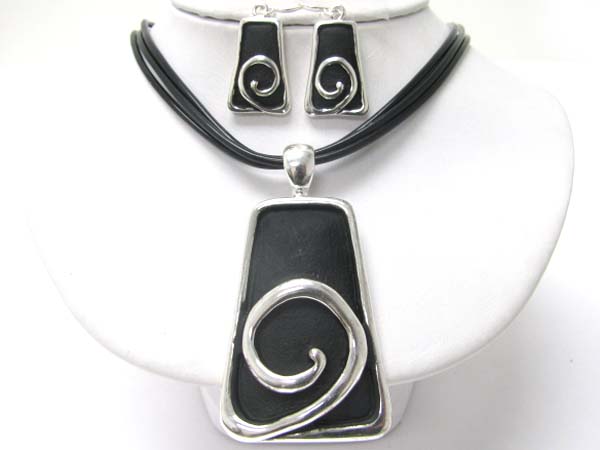 Enameled metal swirl pendant cord neckalce earring set