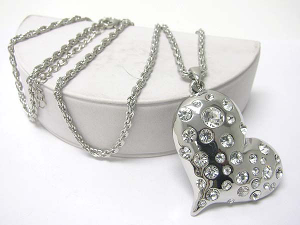 Crystal stud heart pendant long necklace