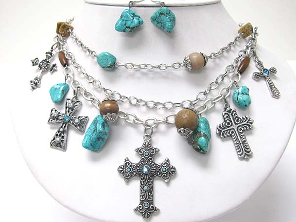 Turquoise stone and multi cross dangle necklace earring set