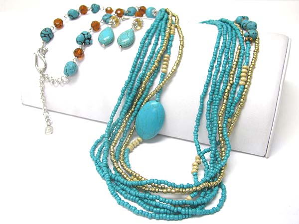 Multi starnad seed beads turquoise accent long necklace set