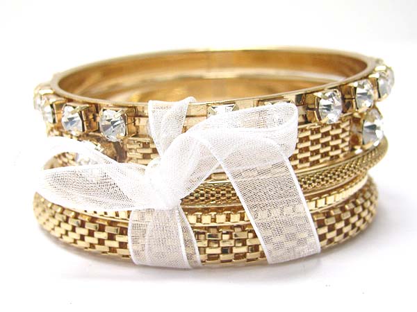 Crystal and ribbon tied multi metal bangle set