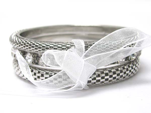 Crystal and ribbon tied multi metal bangle set