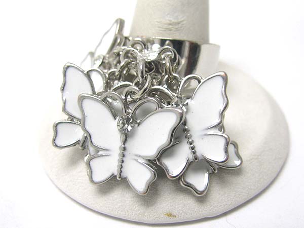 Crystal and enamel multi butterfly dangle adjustable ring