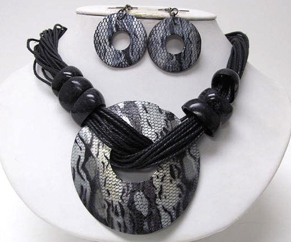 Multi round wood with metal ring and shell disk snake skin print necklace earring set