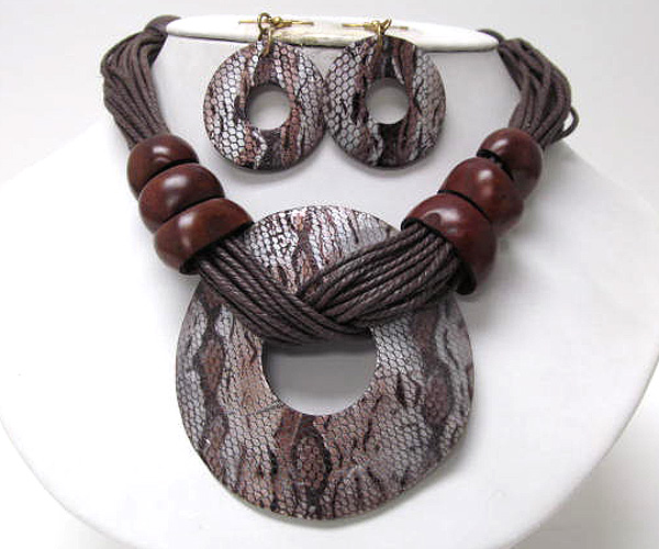 Multi round wood with metal ring and shell disk snake skin print necklace earring set