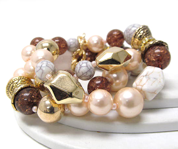 Three row chunky stone and pearl fashion stretch bracelet