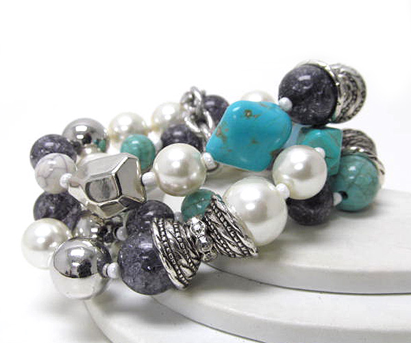 Three row chunky stone and pearl fashion stretch bracelet