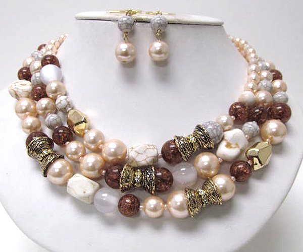 Three row chunky stone and pearl fashion necklace earring set