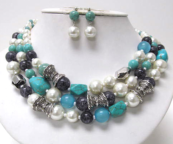 Three row chunky stone and pearl fashion necklace earring set