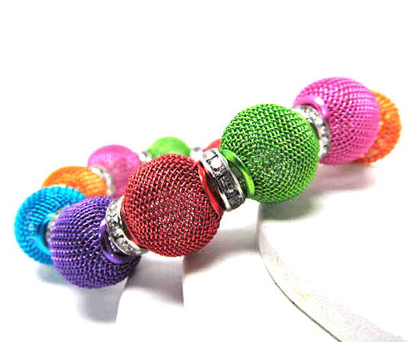 Crystal rondelle and colored metal mesh ball basketball wives inspired stretch bracelet