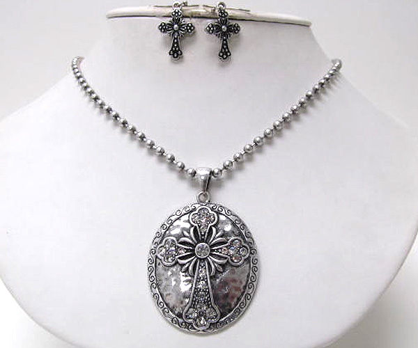 Crystal metal oval center cross pendant chain necklace earring set