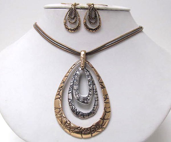 Crystal triple layer tear drop pebble necklace earring set