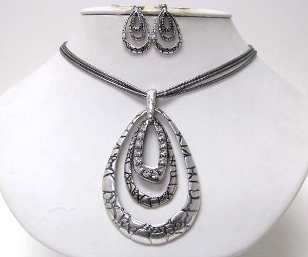 Crystal triple layer tear drop pebble necklace earring set