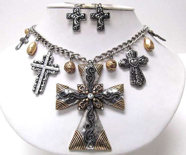 Crystal large cross muti small cross fashion chain necklace earring set