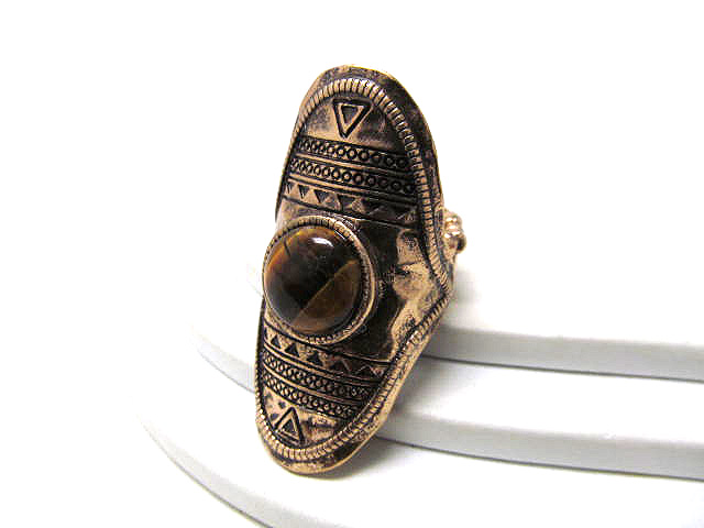 Azteca pattern center stone long finger stretch ring -western