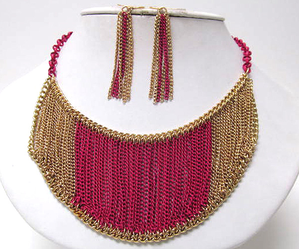 Multi chain bib style fashion necklace earring set