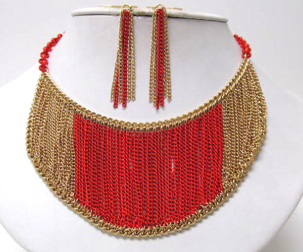 Multi chain bib style fashion necklace earring set