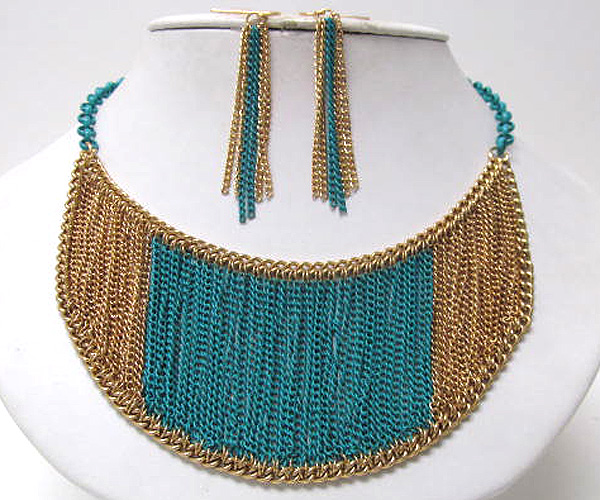 Multi chain bib style fashion necklace earring set