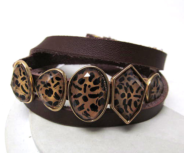 Multi size glass stone zebra print leather wrapped bracelet