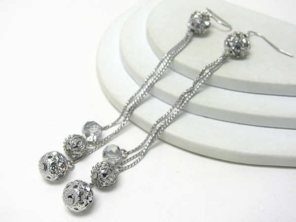 Triple metal and glass ball drop long earring