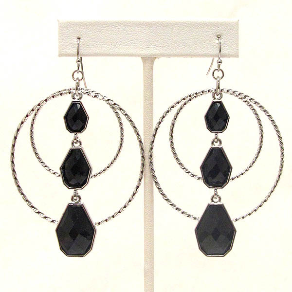 Three glass stone and two metal hoop earring - hoops