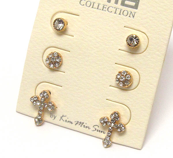 Crystal stud ball and cross earring - set of 3